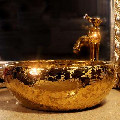 Chinese Famous Hand Made Gold Plated Porcelain Bathroom Wash Basin